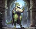 4_fingers anklet anthro argonian big_breasts breasts claws cleavage clothed clothing countershading curvy_figure detailed_background digitigrade female fingers fog green_body grin hand_on_hip hi_res holding_object horn huge_breasts jewelry looking_at_viewer magic_user nipple_outline non-mammal_breasts reptile robe scalie skimpy smile smug solo spikes staff standing thick_thighs toe_claws wide_hips wiinter yellow_eyes