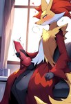 animal_genitalia animal_penis anthro balls blush bodily_fluids breath canine_genitalia canine_penis cum erection fur genital_fluids genitals inside knot male masturbation panting penis red_body red_fur solo sweat yellow_body yellow_fur anonymous_director nintendo pokemon canid canine delphox fox generation_6_pokemon mammal pokemon_(species) hi_res