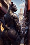 ambiguous_gender anthro armor big_butt black_body black_fur butt chest_armor clothed clothing cresent_sun detailed_background felid feline fur gloves handwear hi_res looking_at_viewer looking_back looking_back_at_viewer male mammal metal metal_armor muscular muscular_male orange_eyes pantherine prompt prompt_metainfo public raised_tail rear_view smile solo solo_focus thick_thighs