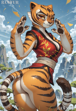 anthro bottomless breasts brown_body brown_fur butt clothed clothing female fur looking_at_viewer looking_back looking_back_at_viewer mountains orange_body orange_eyes orange_fur pose rear_view smile solo striped_body striped_fur stripes tail white_body white_fur yellow_sclera rawfur kung_fu_panda master_tigress felid mammal pantherine tiger hi_res