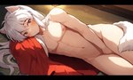 animal_ears blush bodily_fluids canine_ears clothing covering covering_crotch covering_self hair inuyasha long_hair lying lying_on_side male nipples nude on_side red_clothing solo sweat white_hair yellow_eyes sergalbutt inuyasha_(inuyasha) animal_humanoid canid canid_demon canid_humanoid canine canine_humanoid demon dog_humanoid half-demon humanoid mammal mammal_humanoid tail hi_res