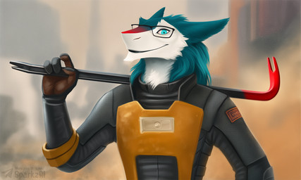 anthro armor biped blue_eyes clothed clothing crowbar eyewear fur glasses gloves green_body green_fur handwear hev_suit looking_at_viewer male male_anthro markings red_markings smile solo telegram telegram_logo text tools white_body white_fur sergalbutt half-life sparkz_(sergalbutt) sergal director_name signature url