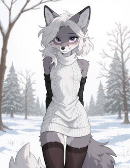 anthro arm_warmers armwear black_nose breasts canine_nose clothed clothing countershade_face countershade_fur countershade_torso countershading dipstick_ears dipstick_tail female fur hair hands_behind_back legwear looking_at_viewer markings medium_hair multicolored_body multicolored_ears outside plant purple_eyes sleeveless slim small_breasts smile snow solo standing sweater sweater_dress tail_markings thigh_highs topwear tree tuft turtleneck whisker_spots white_hair winter asp791_(director) canid canine canis fox mammal absurd_res hi_res portrait signature three-quarter_portrait