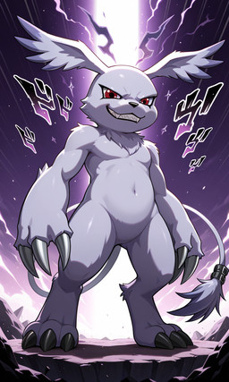 3_fingers 3_toes claws fangs feet feral finger_claws fingers grey_body grin kanji looking_at_viewer male night red_eyes rock smile solo stones tail teeth text toes yiff_ai_(director) digimon digimon_adventure digimon_(species) gazimon hi_res japanese_text