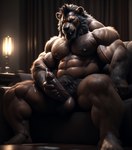 anthro balls biceps ejaculation felid foreskin front_view furniture genitals hairy hi_res lion living_room male mammal mane masturbation moan muscular muscular_male nipples on_sofa pantherine penis portrait pubes simplyai sitting sitting_on_sofa sofa solo vein veiny_arm veiny_penis