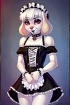 anthro bird_dog blush bottomless bottomless_female breasts candy_fritter canid canine canis clothed clothing collar domestic_dog eye_contact female fur hi_res hunting_dog labrador lauryn_kennel looking_at_another maid_uniform mammal poodle retriever small_breasts solo spiked_collar spikes uniform white_body white_fur