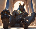 abs anthro balls biceps big_balls big_penis black_body black_claws black_fur black_nipples black_nose black_pawpads black_penis blue_eyes claws clothing day detailed_background digit_ring egyptian egyptian_clothing egyptian_mythology feet flaccid foot_fetish foot_focus fur genitals gold_(metal) gold_jewelry humanoid_genitalia humanoid_penis inside jewelry light looking_at_viewer low-angle_view male muscular muscular_anthro muscular_male nipples nude on_ground pawpads paws pecs penis presenting provocative ring sitting smile solo toe_ring toes veiny_biceps veiny_muscles notte anubis anubian_jackal canid canine canis deity jackal mammal absurd_res detailed hi_res lighting shaded soft_shading