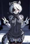 anthro bedroom blindfold clothing female fur genitals hair legwear meme_clothing pussy solo sweater topwear virgin_killer_sweater white_body white_fur white_hair c_or3_ai yorha_2b felid humanoid mammal pantherine snow_leopard hi_res meme
