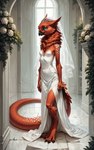 3_toes anthro beak blue_sclera blue_tongue breasts claws clothing digitigrade dress feathers feet female flower fluffy fur long_tail looking_at_viewer marble neck_tuft plant red_body red_fur rose_(flower) slim small_breasts smile solo spots spotted_body spotted_fur standing toes tongue tuft wedding_dress wedding_veil oldhroft avian velari hi_res