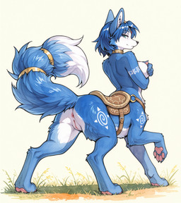accessory alternate_species anthro anus blue_hair breasts butt claws covering covering_breasts female furgonomic genitals grass hair markings pawpads paws plant pussy solo split_form tail tail_accessory tailband tribal tribal_markings anonymous_director nintendo star_fox krystal_(star_fox) canid canine fox hybrid mammal taur hi_res