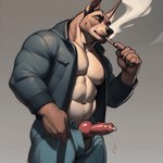 animated anthro balls bodily_fluids canid canine canis clothing domestic_dog genital_fluids genitals joachim58 knot male mammal penis seductive smoking solo