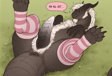 <3 animal_genitalia anus black_anus black_body black_claws black_horn black_penis black_scales black_sclera chubby_male claws clothed clothed_feral clothing facial_hair feral front_view fur genital_slit genitals goatee high-angle_view horn legwear legwear_only looking_at_viewer lying male mane meadow mostly_nude mythology on_back on_grass on_ground pattern_clothing pattern_legwear penis pink_clothing ridged_horn ridged_penis scales sideburns slit smile smiling_at_viewer solo speech_bubble spread_legs spreading stockings stockings_only striped_clothing striped_legwear stripes tapering_penis text thick_tail white_body white_eyes white_fur white_mane white_penis polar_(director) dragon mythological_creature mythological_scalie scalie wingless_dragon