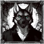 annoyed anthro border clothing facial_hair fangs flower front_view frown half-closed_eyes jacket jade_eyes looking_at_viewer male muzzle_(object) muzzled narrowed_eyes ornate_border plant rose_(flower) round_border solo square_border straps teeth thorns topwear vines gshepanon canid canine canis domestic_dog german_shepherd herding_dog mammal pastoral_dog headshot_portrait hi_res icon monochrome portrait spot_color