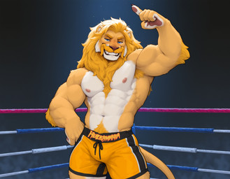 abs alternate_species anthro armpit_hair biceps blonde_hair blue_eyes body_hair bottomwear bulge chest_hair claws clothed clothing facial_hair fighting_ring fur furrification gesture grin hair happy_trail looking_at_viewer male mane muscular muscular_anthro muscular_male mustache navel nipples obliques pawpads pecs pink_nipples pubes shorts smile solo standing tail teeth topless topless_male tuft whiskers white_body white_fur wrestler yellow_body yellow_fur unknown_director hulk_hogan felid lion mammal pantherine hi_res