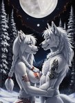 anthro arctic_wolf arm_tattoo athletic braided_hair breasts canid canine canis duo evergreen_tree featureless_breasts female full_moon fur grey_eyes hair hand_on_hip looking_at_another looking_at_partner male mammal moon neck_tuft night outdoors pine_tree plant romantic romantic_couple smile snow_on_branches snow_on_ground tattoo tree tuft white_body white_fur white_hair wolf wolfik