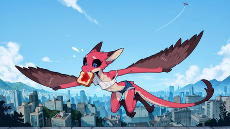 aircraft airplane barefoot biped black_sclera blue_eyes bottomwear bread breasts building city cityscape claws clothed clothing cloud countershading crop_top cutoffs day denim denim_bottomwear denim_clothing detailed_background digitigrade eating feathered_wings feathers feet female flat_chested flying food fur gloves_(marking) hotpants leg_markings markings midriff mountain multicolored_body mythology navel outside pink_body red_body red_fur shirt shorts sky small_breasts socks_(marking) solo tail tank_top toes topwear tuft vehicle wings anotheranon avian dragon feathered_dragon furred_scalie mythological_creature mythological_scalie scalie absurd_res hi_res widescreen