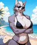 abs anthro arm_under_breasts athletic athletic_female beach biceps big_breasts bikini bikini_top black_bikini black_clothing black_nose black_swimwear blue_sky bodily_fluids breasts cheek_tuft chest_tuft claws cleavage clothed clothing cloud countershading crossed_arms crossgender detailed_background eye_patch eyebrows eyewear eyewear_on_head facial_tuft female finger_claws fur glistening glistening_body glistening_clothing grey_body grey_fur hair inner_ear_fluff looking_at_viewer mtf_crossgender multicolored_body multicolored_fur muscular muscular_anthro muscular_female navel outside palm_tree plant sand scar sea seaside sky smile solo standing sunglasses sunglasses_on_head sweat swimwear tail teeth tree tuft two_tone_body two_tone_fur water white_body white_fur white_hair unknown_director asterozoan canid canine canis echinoderm mammal marine wolf absurd_res hi_res portrait