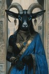 anthro armband black_body black_fur blue_eyes bracelet detailed_background ear_piercing ear_ring elegant female fur horn jewelry necklace ornate_clothing pendant piercing ring_piercing sari solo solo_focus stone_building bahufaru bovid caprine goat mammal hi_res portrait