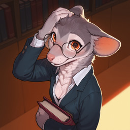 anthro big_eyes blush book bookshelf breasts buckteeth cleavage clothed clothing eyewear female freckles furniture glasses high-angle_view holding_object looking_at_viewer looking_up orange_eyes round_glasses school_uniform small_breasts solo teeth uniform cerinil mammal mouse murid murine rodent hi_res