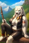 anthro athletic barefoot belt bottomwear braided_hair breasts cleavage clothed clothing feet female fur green_eyes hair leather leather_clothing long_hair markings mountains outdoors pants sitting_on_bench solo staff topwear tribal tribal_markings vest white_body white_fur white_hair wahrdu attea mammal polar_bear ursid ursine hi_res