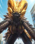 anthro areola big_breasts breasts censored censored_pussy detailed_background elder_dragon female genitals horn kulve_taroth looking_at_viewer monster_hunter mosaic_censorship nipples non-mammal_breasts nude pussy scalie size_difference smile solo yellow_eyes