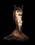 alpha_channel amber_eyes anthro avian beak belly bird black_nipples breasts brown_body brown_feathers feathers female full-length_portrait fur hair hi_res kneeling looking_at_viewer messy_hair neck_tuft nipples oldhroft owl pawpads portrait simple_background slim slim_female small_breasts solo spots spotted_body spotted_fur tail_feathers tan_belly tan_face transparent_background tuft