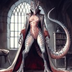 anthro breasts carnelia claws clothed clothing dragonborn_(disambiguation) exposed_breasts featureless_breasts female grey_body grey_scales looking_at_viewer nippleless non-mammal_breasts presenting red_body red_scales robe scales scalie skimpy solo ulfyn