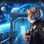 alien_planet anthro ballistic_vest black_stripes blue_eyes blue_light catwalk clothing felid fur glowing industrial industrial_setting male mammal markings nikkolaus orange_body orange_fur pantherine planet selfie solo space space_station spacecraft spacecraft_interior striped_body striped_fur striped_markings striped_tail stripes tail_markings tiger topwear vehicle vest