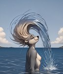 anthro black_nose blonde_hair breasts cloud countershade_face countershade_neck countershade_torso countershading day director_name eyebrows eyelashes eyes_closed female fur grey_body grey_fur hair long_hair luminaverse_(model) nipples outside pink_nipples sea side_view simple_background sky_background small_breasts smile solo splash standing_in_water water wet wet_body wet_hair whiskers white_body white_countershading white_whiskers oaf40 lutrine mammal mustelid river_otter 2025 absurd_res bust_portrait colored hi_res portrait signature