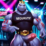 5_fingers anthro balls belt biceps big_muscles big_penis biped black_clothing black_shirt black_topwear bottomless clothed clothing erection fingers genitals gesture glans humanoid_genitalia humanoid_penis inside looking_at_viewer male muscular muscular_anthro muscular_humanoid muscular_male nightclub pecs penis pointing pole red_eyes shirt smile solo strip_club stripper_pole tank_top teeth text text_on_clothing text_on_shirt text_on_tank_top text_on_topwear topwear vein veiny_muscles veiny_penis sergalbutt nintendo pokemon generation_1_pokemon humanoid machoke pokemon_(species) 1:1 english_text signature url