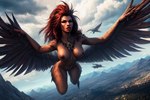 areola avian big_breasts bird blizzard_entertainment breasts feathers female flying front_view hair harpy humanoid kauket mountains mythological_avian nipples nude outside red_hair sky solo warcraft wings world_of_warcraft