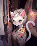 anthro blue_eyes blush breasts clothed clothing detailed_background eyelashes female floral_print fur hair heterochromia looking_at_viewer pink_nose solo topwear white_body white_fur white_hair sappy_(director) felid feline mammal absurd_res hi_res portrait