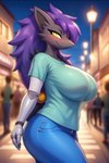 anthro big_breasts black_body blue_bottomwear blue_clothing blue_jeans blue_pants bottomwear breasts clothing curvy_figure denim denim_clothing female green_clothing green_shirt green_topwear hair jeans looking_at_viewer outside pants prosthetic prosthetic_arm prosthetic_limb public purple_hair shirt smile solo solo_focus street topwear voluptuous yellow_eyes theguywhoishere nintendo pokemon fang_(theguywhoishere) generation_5_pokemon pokemon_(species) shiny_pokemon zoroark