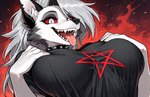 animal_ear_fluff animal_ears animal_nose anthro bangs black_clothing black_sclera black_shirt black_topwear bodily_fluids body_fur breast_grab breasts clothing collar colored_sclera fangs female fur grey_hair hair hand_on_breast jewelry large_breasts long_hair looking_at_viewer makeup open_mouth pupils red_eyes red_sclera saliva sharp_teeth shirt slit_pupils smile snout solo spiked_collar spikes tail teeth tongue tongue_out topwear upper_body white_body white_eyes white_fur wolf_ears tricksterfox helluva_boss loona_(helluva_boss) canid canid_demon canine demon hellhound mammal furry