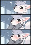 anthro black_nose black_sclera blush confusion constricted_pupils disembodied_hand duo fur hand_on_cheek holding_head male pupils simple_background small_pupils surprise tail white_body white_eyes white_fur maxoggami_(director) canid canine canis mammal wolf comic hi_res