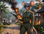 2024 anthro belt belt_buckle big_ears blue_eyes blue_hair bottomwear brown_body brown_fur building burning_building clothed clothing cloud dress_shirt female fire fully_clothed fur gun hair holding_gun holding_object holding_weapon jungle long_sleeves looking_at_viewer military military_uniform multicolored_body multicolored_fur outside pants pink_nose plant ranged_weapon road shirt short_hair sky smoke solo stable_diffusion topwear tree two_tone_body two_tone_fur uniform vehicle weapon white_body white_fur yiffymix_(model) malakim mammal mouse murid murine rodent half-length_portrait portrait