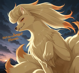 ambiguous_gender canine_ears canine_nose canine_teeth claws cloud cloudy female feral fur hair looking_at_viewer low-angle_view mane mane_hair mountain mountains multi_tail orange_body orange_eyes orange_fur outside sky smile solo sun sunset tail text tuft notthatclassic nintendo pokemon canid canine canis fox generation_1_pokemon mammal ninetales pokemon_(species) absurd_res english_text hi_res