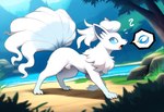 animal_genitalia blue_eyes chest_tuft claws dirt_path feral genitals inner_ear_fluff male multi_tail open_mouth question_mark river shadow sheath solo speech_bubble toe_claws tongue tuft walking director_seam alolan_form alolan_ninetales canid canine fox mammal pokemon_(species) regional_form_(pokemon)