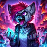 anthro apocalypse bodily_fluids burning collar crystal ear_piercing ear_ring female fur grey_body grey_fur hair piercing purple_eyes red_hair ring_piercing solo spiked_collar spikes tears teeth yelling icefoxai trrith_(character) hyaenid mammal