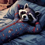 anthro bed bedroom black_nose clothing fur furniture guardians_of_the_galaxy hands_behind_head happy inside inviting looking_at_viewer lying lying_on_bed male on_back on_bed onesie pajamas peaceful pillow relaxed smile smiling_at_viewer solo a_tair_in_reality rocket_raccoon mammal procyonid raccoon hi_res