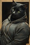 anthro black_background black_body black_fur black_nose clothing ear_piercing ear_ring fur green_eyes hoodie male muscular piercing ring_piercing simple_background solo topwear vendryth whiskers bahufaru domestic_cat felid feline felis mammal hi_res