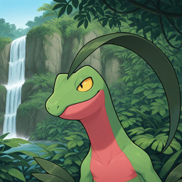 ambiguous_gender anthro green_body leaf leaf_hair multicolored_body plant plant_hair pseudo_hair red_body smile solo tree two_tone_body vines waterfall yellow_sclera jtizzle1989 nintendo pokemon generation_3_pokemon grovyle pokemon_(species) headshot_portrait portrait