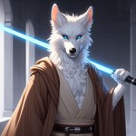 anthro canid canine canis fur humanoid jedi lightsaber male mammal melee_weapon muscular solo temple weapon white_body white_fur wolf