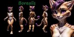 anthro black_stripes blush chest_tuft countershade_torso countershading ear_tuft female fur hair nudity orange_body orange_fur punk_hair purple_body purple_eyes purple_fur purple_hair purple_stripes smile solo stripes tuft white_body white_fur ilmpbx borealis domestic_cat felid feline felis mammal hi_res model_sheet