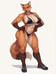 4_toes 5_fingers abs anthro athletic athletic_female biceps big_breasts bikini bikini_bottom bikini_top black_bikini black_clothing black_nose black_swimwear breasts brown_body brown_fur cheek_tuft claws cleavage clothed clothing countershading deltoids dipstick_tail eyebrows eyelashes facial_tuft feet female finger_claws fingers flip_flops footwear fur glistening glistening_body glistening_breasts glistening_clothing gloves_(marking) green_eyes hand_on_hip inner_ear_fluff leg_markings looking_at_viewer markings multicolored_body multicolored_fur muscular muscular_anthro muscular_arms muscular_female muscular_thighs narrowed_eyes navel orange_body orange_fur plantigrade sandals side-tie_bikini side-tie_clothing simple_background smile socks_(marking) solo standing string_bikini swimwear tail tail_markings tan_body tan_fur thick_thighs toe_claws toes tuft two_tone_body white_background white_body white_fur anonymous_director canid canine fox mammal red_fox full-length_portrait hi_res portrait
