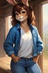 anthro bottomwear brown_eyes brown_hair clothing denim denim_clothing female fur hair hands_in_both_pockets jean_jacket jeans pants smile solo tan_body tan_fur whiskers mindry shori_(mindry) lagomorph leporid mammal rabbit