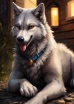 ambiguous_gender brown_eyes canid canine canis collar feral fur grey_body grey_fur hi_res joshan2 laying_down looking_at_viewer male_(lore) mammal night solo tongue tongue_out white_body white_fur wolf