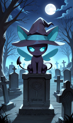 cemetery clothing glowing glowing_eyes hat headgear headwear male night solo tombstone witch_hat yiff_ai_(director) cardcaptor_sakura halloween_2025 spinel_sun undead hi_res