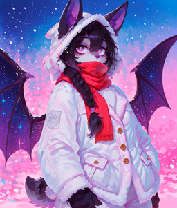 abstract_background anthro bottomwear braided_hair braided_ponytail cheek_tuft clothing coat facial_tuft female fur_trim gradient_background hair hair_between_eyes hood hood_up membrane_(anatomy) membranous_wings pants ponytail purple_eyes red_scarf scarf simple_background snow solo starry_wings topwear tuft white_bottomwear white_clothing white_pants wings winter winter_clothing loren_iipsum magna bat mammal hi_res