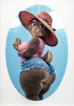 anthro big_butt bottomwear breasts bubble_butt butt clothing cutoffs denim denim_clothing disney female hat headgear headwear huge_butt looking_back mature_female rear_view shirt shorts simple_background slightly_chubby smile solo t-shirt topwear vlrgromns zootopia bonnie_hopps lagomorph leporid mammal rabbit hi_res